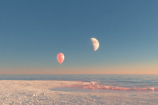 pink balloon floating above tranquil water surface, soft gray hues in background, gentle reflections and ripples, serene atmosphere,