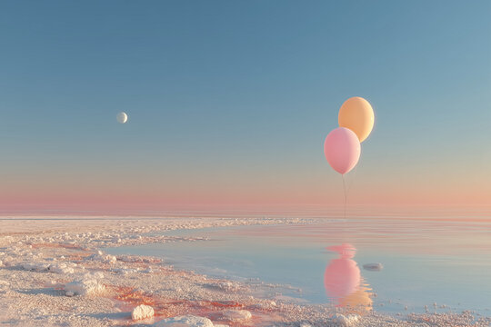 pink and yellow balloon, floating on water surface, vibrant colors, serene reflection, minimalistic design, soft lighting,