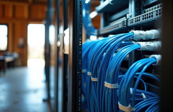 Networking cables snake along a server rack in a bright data center setup - Powered by Adobe