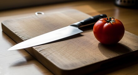 A single ripe red tomato rests on a wooden cutting board next to a sharp kitchen knife fresh vegetable