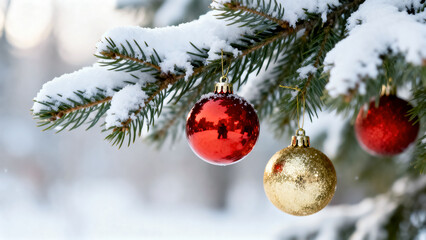 A tree with three red and gold ornaments hanging from it. The tree is covered in snow