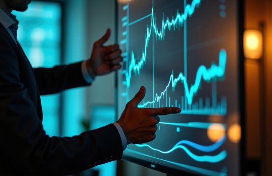 Man in suit analyzes market charts on a wall mounted display during a presentation
