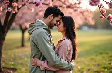 Fototapeta premium Couple embracing in a sunlit park under blooming cherry blossoms as pink petals float around them