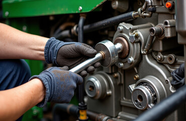 Technician adjusts industrial machinery with a sturdy wrench in workshop