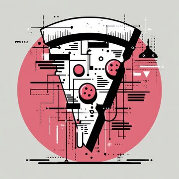 A stylized graphic illustration of a pizza slice against a large red circle with intricate line art elements and geometric shapes on a light gray background.