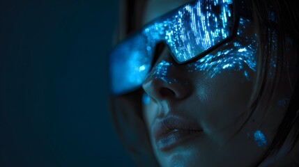 Person wearing futuristic virtual reality glasses with glowing blue digital code reflection.