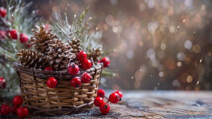 Basket with pinecones and red berries on wood with festive bokeh.