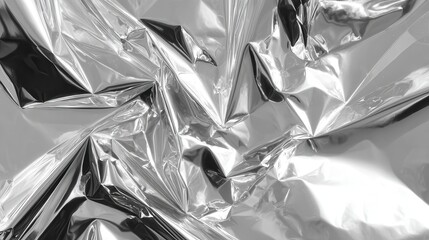 Close up of crumpled silver foil creating a complex abstract texture with sharp highlights and deep shadows, illuminated by dramatic lighting.