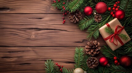 Christmas gift with festive decor on wood background, space for text.