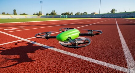 Fast green racing drone flying low over red running track lanes at sunny sports stadium