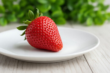 A single strawberry on a white plate with green foliage in the background.