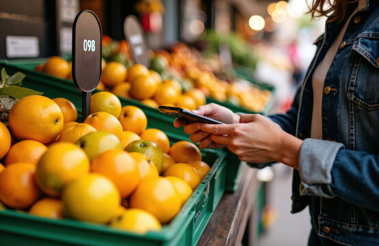 Woman uses her smartphone while selecting fresh oranges at a bustling outdoor market