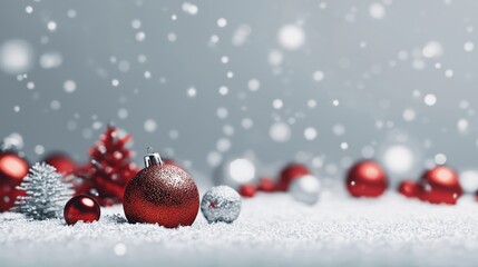 Red and silver Christmas balls on snow with falling snowflakes.