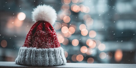 Red knit winter hat in snow with bokeh festive lights in background.