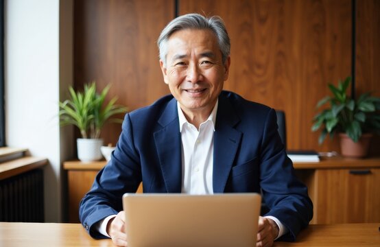 Businessman in a navy suit sits at a desk with a laptop and plants nearby - Powered by Adobe