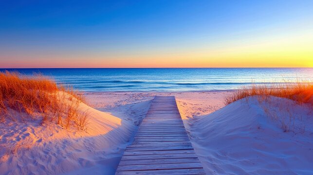 A wooden boardwalk meanders through sand dunes and tall grass towards a calm ocean under a vibrant sunset sky with hues of orange, yellow, and blue.
