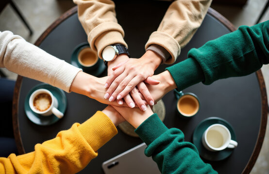 Teamwork among coworkers strengthens bonds as hands come together in shared purpose