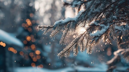 Snowy pine branch with backlight and golden bokeh in a winter scene.