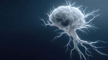 A detailed 3D render of a white brain model with illuminated neural connections against a dark blue background, showcasing intricate details and a soft, ethereal glow.