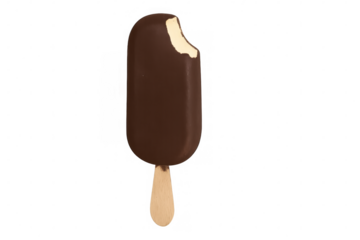 Chocolate coated vanilla ice cream bar on a stick with a bite taken out of it. Isolated on transparent background, png