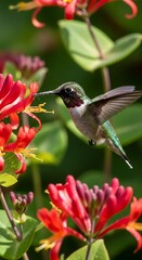 Fototapeta premium A tiny Ruby-throated Hummingbird hovers while feeding on nectar from a vibrant red honeysuckle flower in a lush green garden.