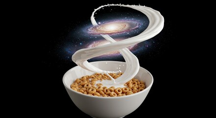 Cereal bowl with spiraling milk and galaxy depiction on black background