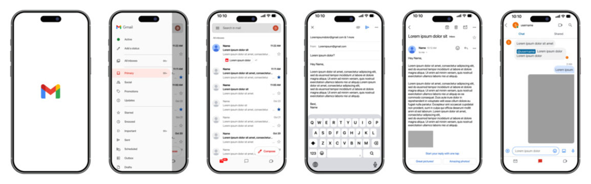 Gmail Mobile Mockup & Gmail iPhone Frame Template Pack &mdash; a clean Gmail-style set featuring inbox screen, menu page, email view, compose screen, and chat layout for social media creators