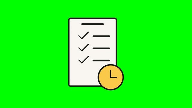 White paper checklist with multiple completed tasks and bold yellow clock icon representing efficient scheduling and productivity