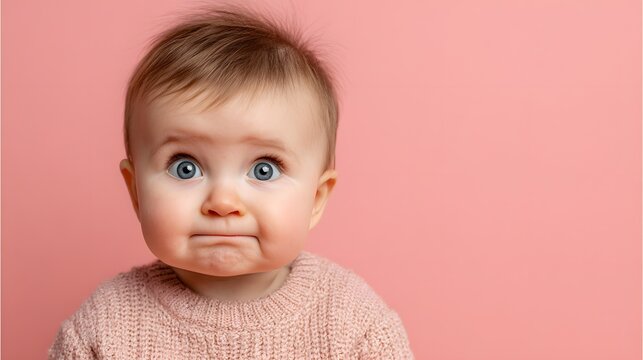 Portrait of a cute baby with a funny confused expression on a pink background.