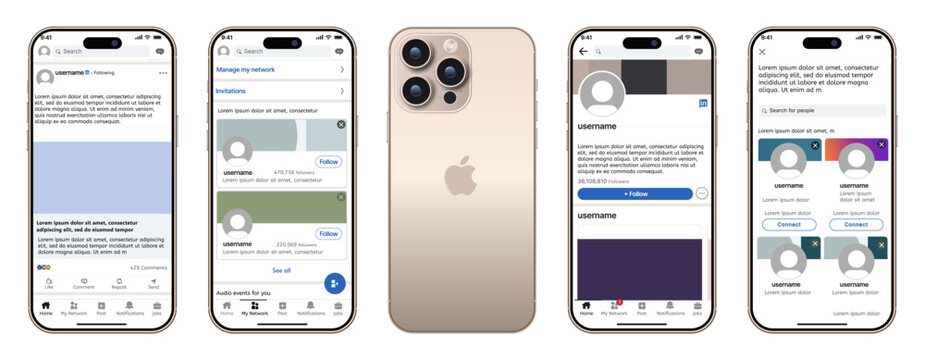 LinkedIn Mobile Mockup & LinkedIn iPhone Frame Template Pack &mdash; a clean LinkedIn-style UI set featuring feed posts, network page, profile layout, and connection suggestions for creators