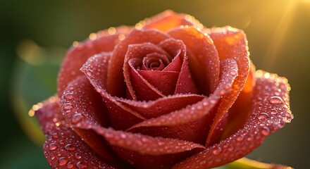 Close up of a single red rose with water droplets in bright sunlight