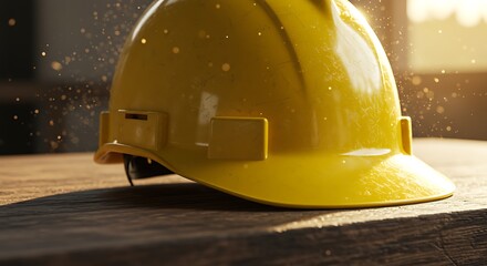 Close up of a yellow construction helmet on a wooden surface with sunlight