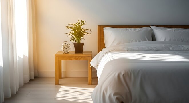 Bright bedroom with white bedding and a wooden nightstand holding a plant and alarm clock pillows