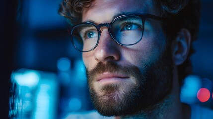 Portrait of a handsome bearded man with glasses looking at a computer screen.