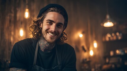 Portrait of a handsome smiling hipster man with long hair and tattoos in a cozy bar with warm lights.
