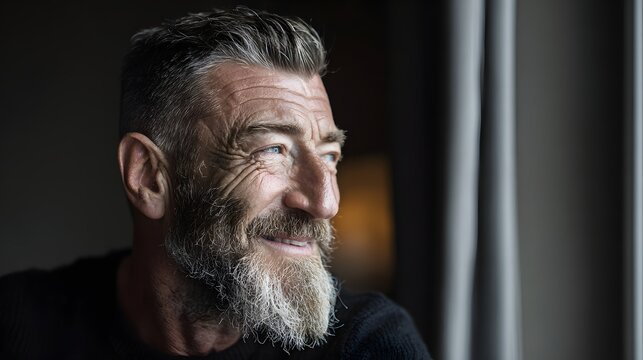 Portrait of a handsome mature man with a grey beard smiling while looking out a window.