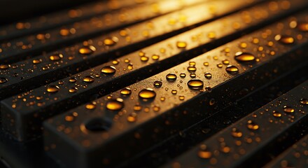Close up of wet metal bars with water droplets and warm lighting effects