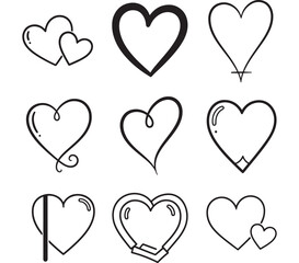 a collection of nine hand drawn heart shapes in black lines varying in style and design on transparent background silhouette high quality