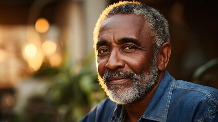 Portrait of a smiling senior African American man with a grey beard in warm light.