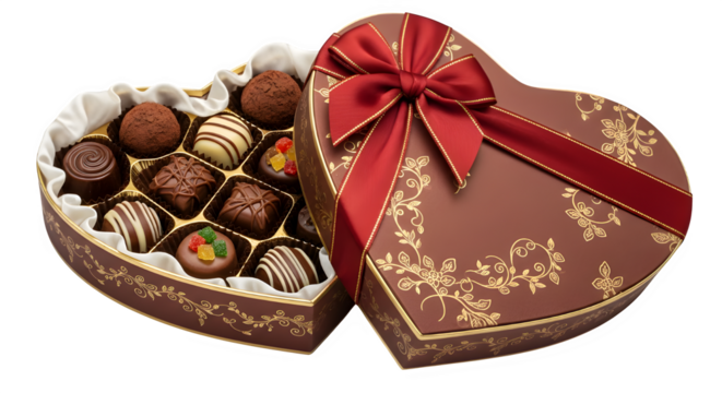 An open heartshaped box of assorted chocolates isolated on transparent background, showcasing a variety of flavors and textures, perfect for valentines day or a sweet indulgence