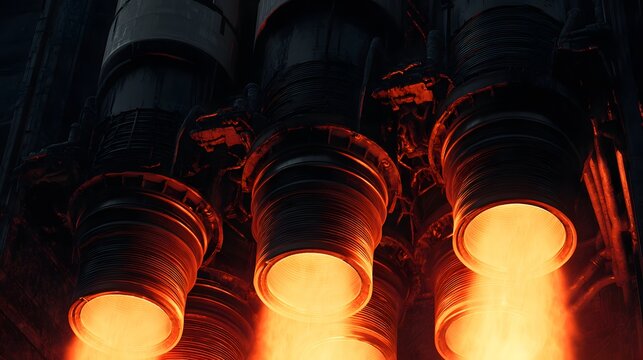 Powerful rocket engines ignite with fiery orange flames for liftoff.