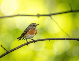 Small Bird Perched on Branch, Yellow Green Bokeh Background