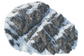 Winter mountain rock covered in snow and ice, cold rugged terrain with white peaks on transparent background