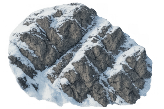 Winter mountain rock covered in snow and ice, cold rugged terrain with white peaks on transparent background