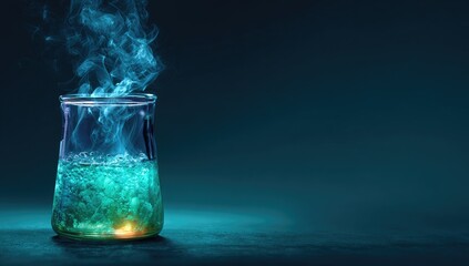 Beaker with glowing teal liquid and steam
