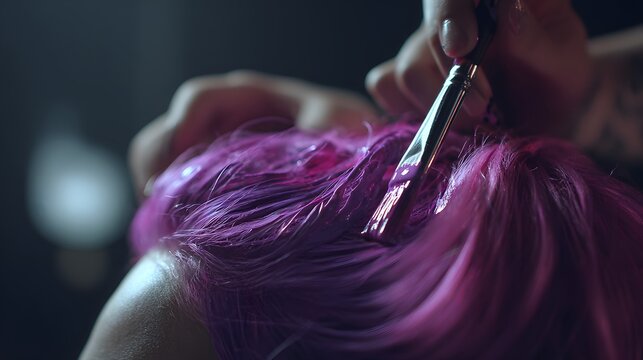 Professional hairdresser cutting vibrant purple hair with scissors in a salon. - Powered by Adobe