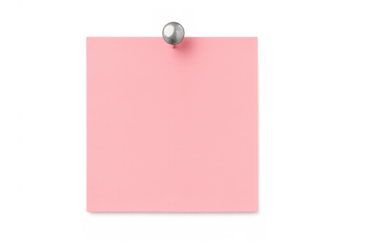 Blank pink sticky note with a silver thumbtack for reminders. Isolated on transparent background, png