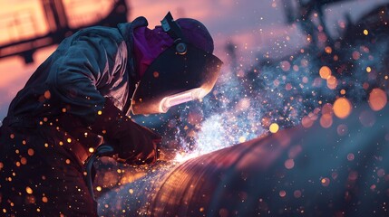 Professional welder in protective mask working on metal fabrication with bright sparks flying.