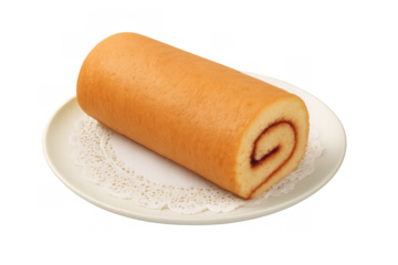 Swiss roll cake serving on a white plate with doily, featuring a golden sponge and sweet jam filling. Transparent background