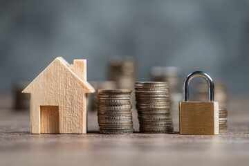 Wooden house and coins with a padlock